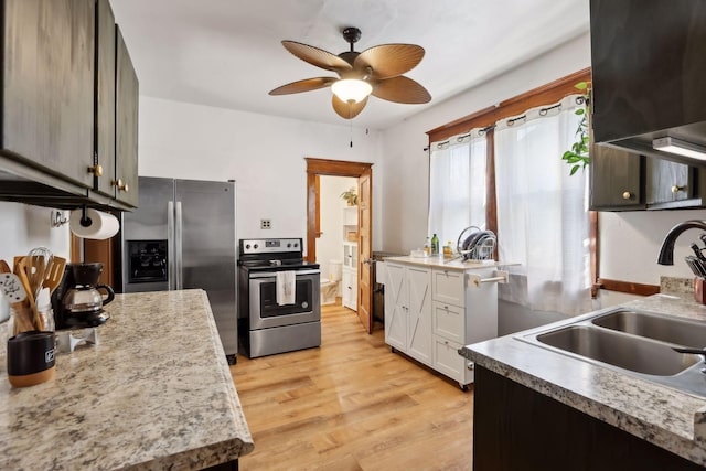 kitchen with sink, ceiling fan, appliances with stainless steel finishes, white cabinetry, and light wood-type flooring