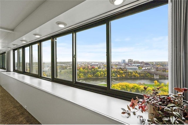 interior space featuring a water view