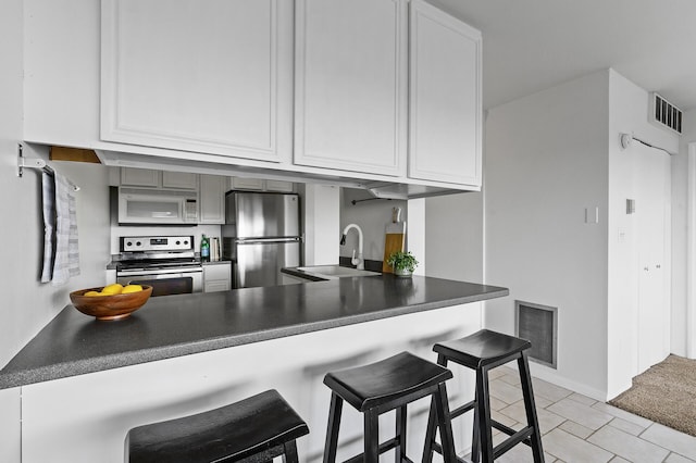 kitchen with kitchen peninsula, sink, white cabinets, and stainless steel appliances