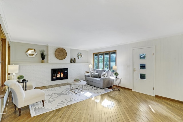 living room with crown molding, a fireplace, and light hardwood / wood-style floors