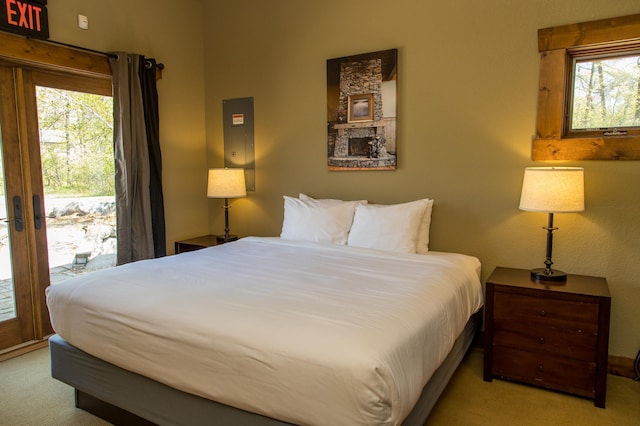 bedroom featuring light colored carpet and access to exterior