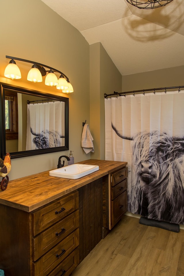 bathroom with wood-type flooring, vanity, and lofted ceiling