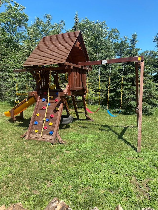 view of jungle gym with a yard