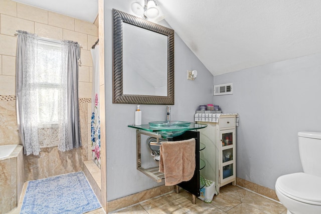 bathroom featuring walk in shower, lofted ceiling, sink, and toilet