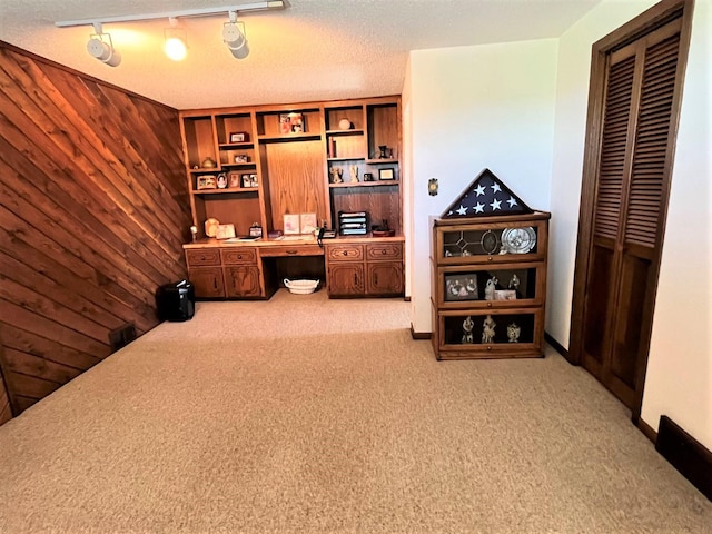 carpeted office with a textured ceiling, wood walls, built in features, and rail lighting