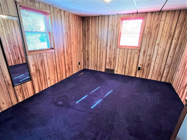 carpeted empty room featuring wood walls