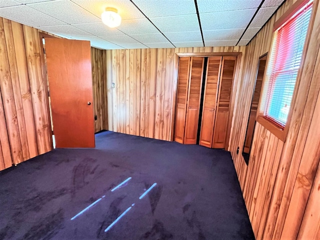 unfurnished room featuring carpet flooring and wood walls