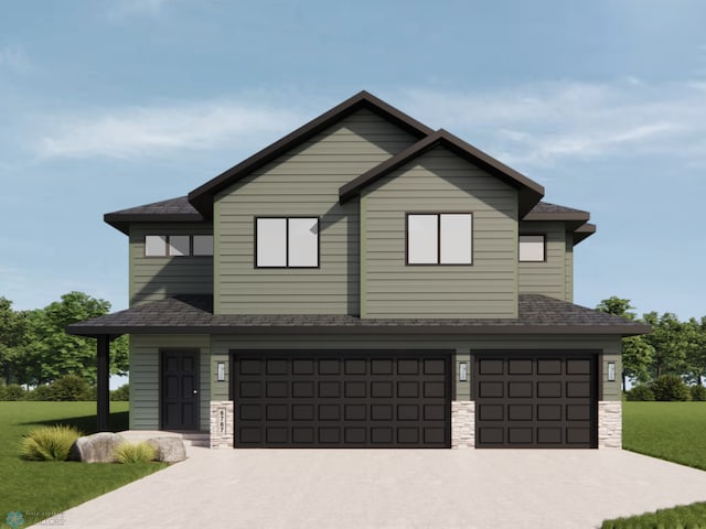 6652 32nd St S, Fargo, ND 58104 - view of front of house featuring a garage, a front yard, driveway, and a shingled roof