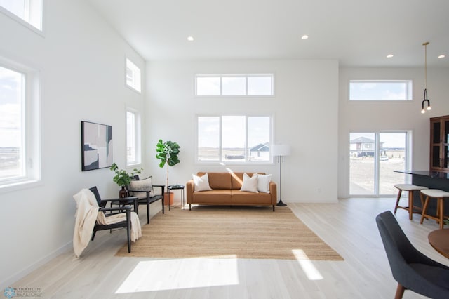 6652 32nd St S, Fargo, ND 58104 - living room with a high ceiling, light wood-type flooring, recessed lighting, and baseboards
