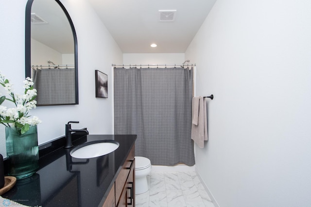 6652 32nd St S, Fargo, ND 58104 - bathroom with vanity, marble finish floors, toilet, curtained shower, and recessed lighting
