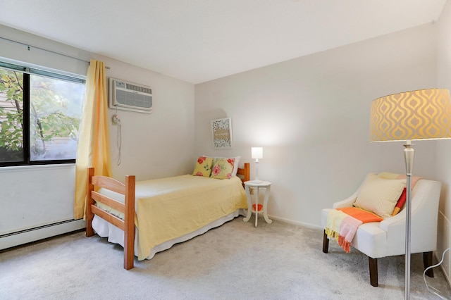 bedroom with light carpet, a wall mounted AC, and a baseboard radiator