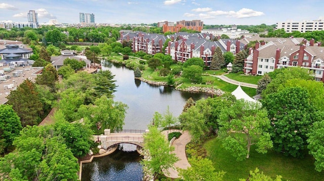 birds eye view of property with a water view