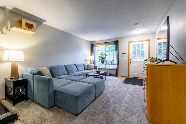 carpeted living room featuring a textured ceiling