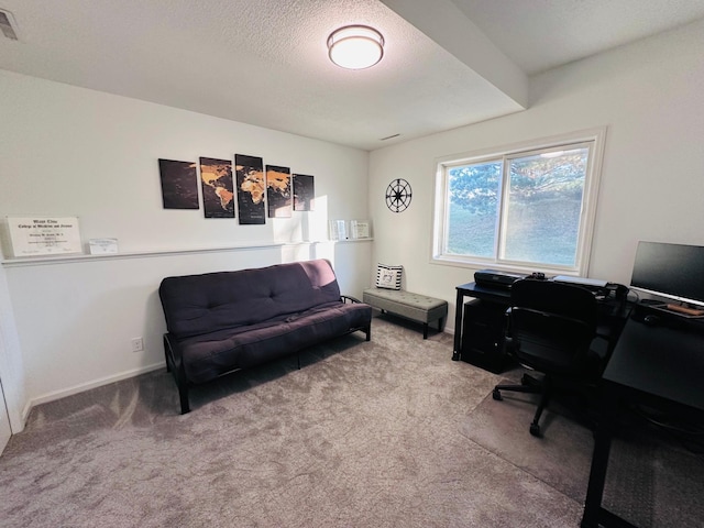 carpeted office space featuring a textured ceiling