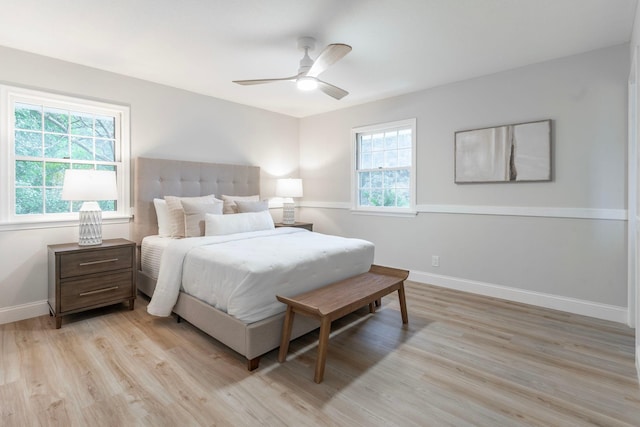 bedroom with light hardwood / wood-style floors and ceiling fan