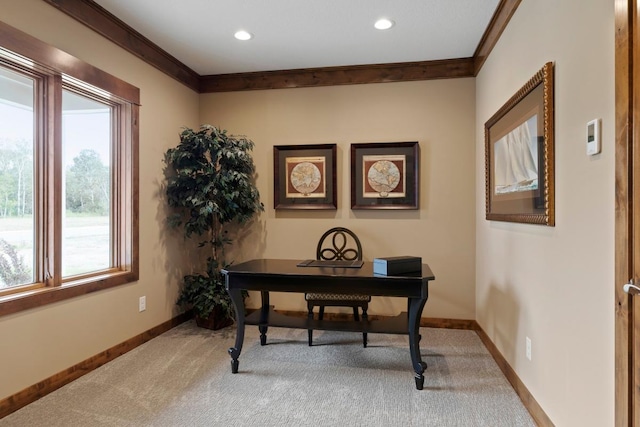 carpeted office with ornamental molding