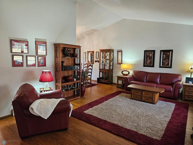 living room with wood-type flooring and vaulted ceiling