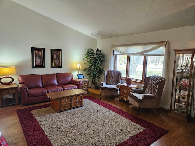 living room featuring lofted ceiling, a textured ceiling, and dark hardwood / wood-style floors