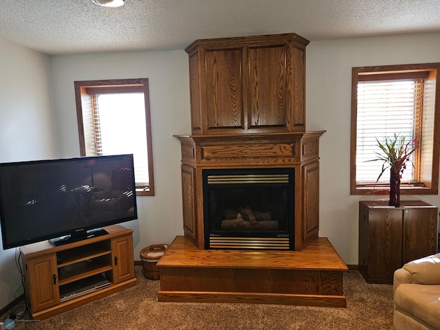 carpeted living room with a large fireplace and a textured ceiling