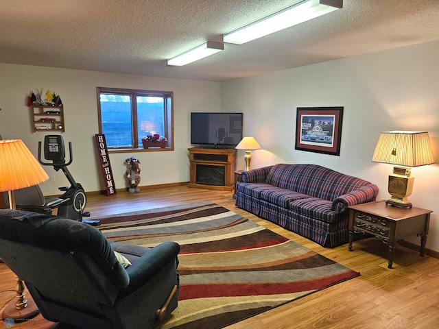 living room with a textured ceiling and wood-type flooring