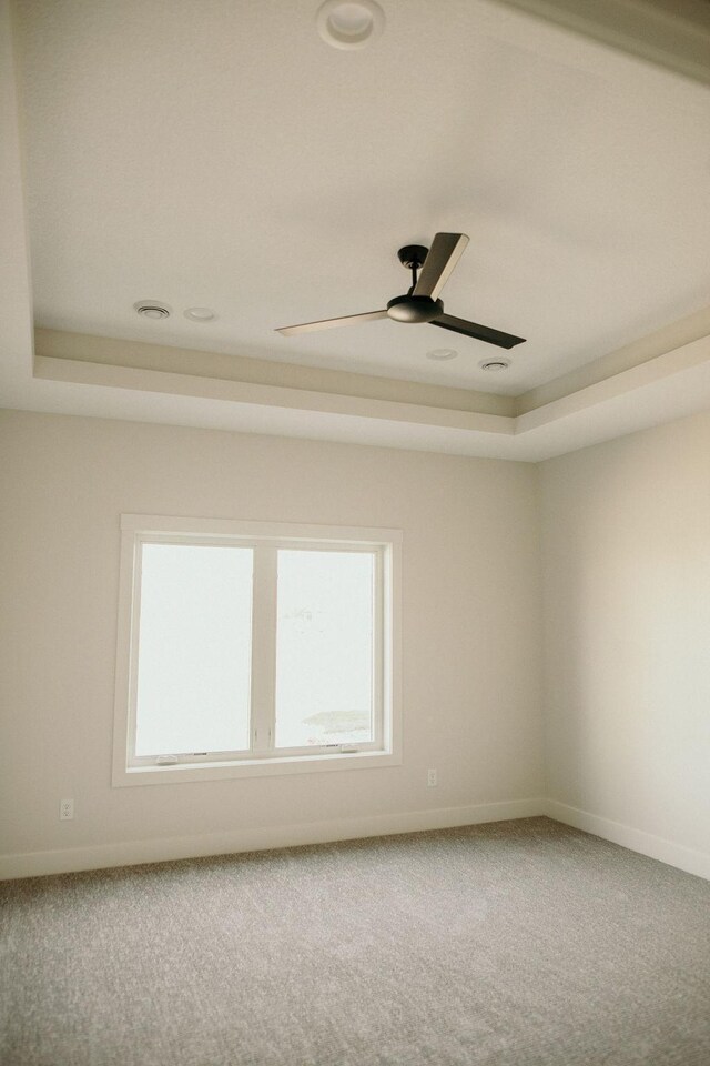 spare room featuring a tray ceiling, ceiling fan, and carpet flooring