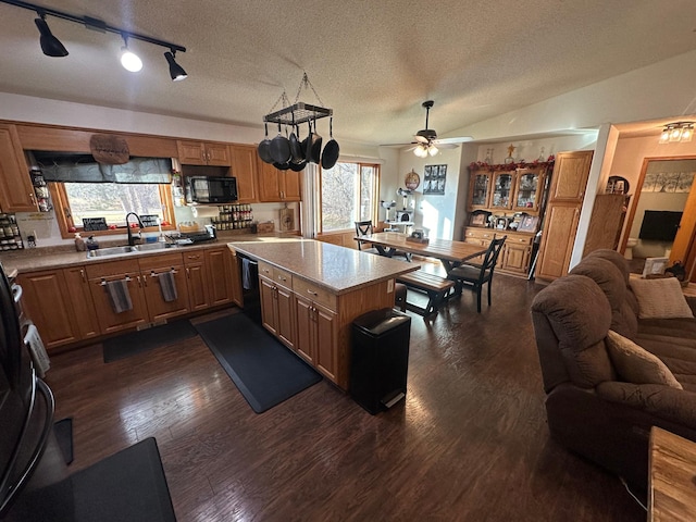 kitchen with a healthy amount of sunlight, sink, black appliances, and vaulted ceiling