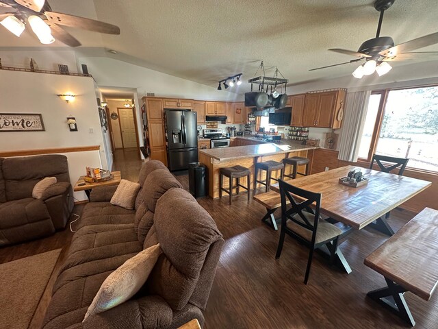 dining space featuring dark hardwood / wood-style flooring, ceiling fan, a textured ceiling, and lofted ceiling