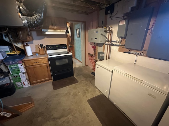 kitchen featuring white electric stove, refrigerator, and electric panel