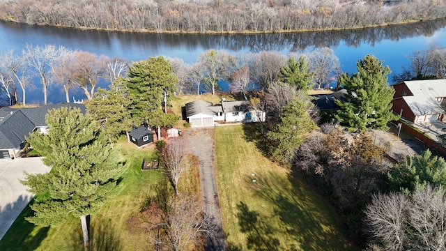 birds eye view of property featuring a water view