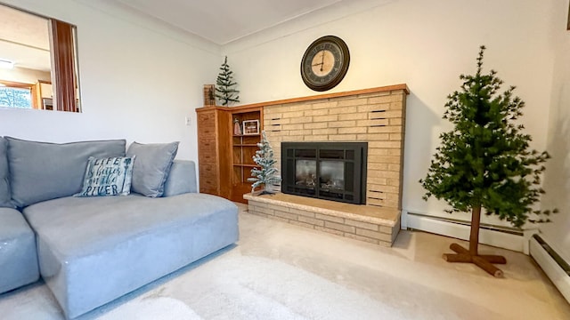 carpeted living room featuring ornamental molding and a fireplace