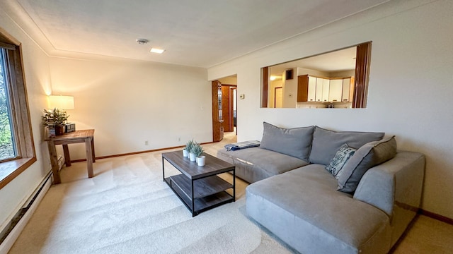 carpeted living room featuring a baseboard radiator