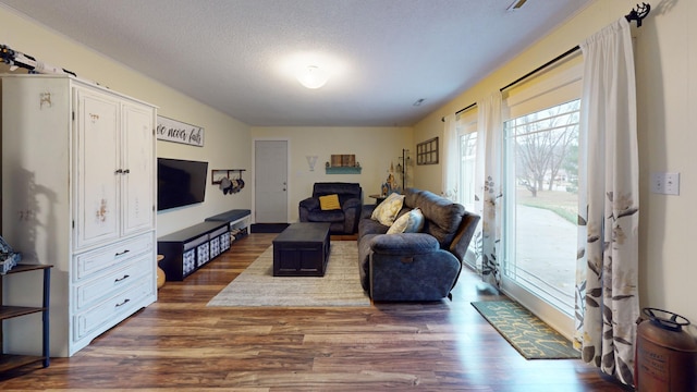 living room with dark wood-type flooring and a textured ceiling