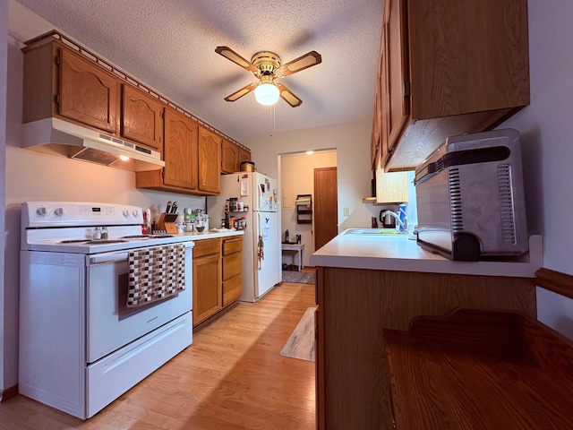 kitchen featuring a textured ceiling, sink, white appliances, ceiling fan, and light hardwood / wood-style flooring