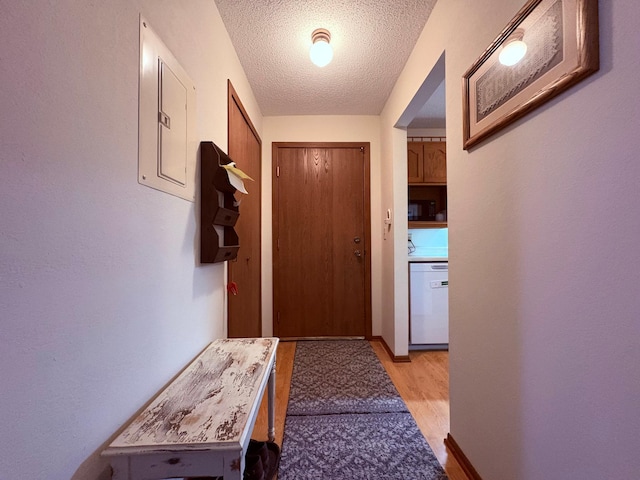 entryway featuring electric panel, light hardwood / wood-style flooring, and a textured ceiling