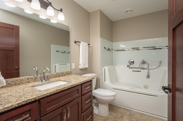 full bathroom with tile patterned floors, vanity, toilet, and  shower combination