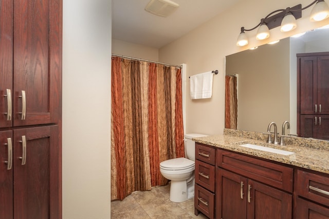 24539 Twilight Ln, Pelican Rapids, MN 56572 - bathroom with vanity, toilet, tile patterned floors, and a shower with curtain