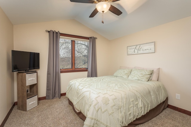 24539 Twilight Ln, Pelican Rapids, MN 56572 - bedroom with vaulted ceiling, carpet floors, baseboards, and ceiling fan