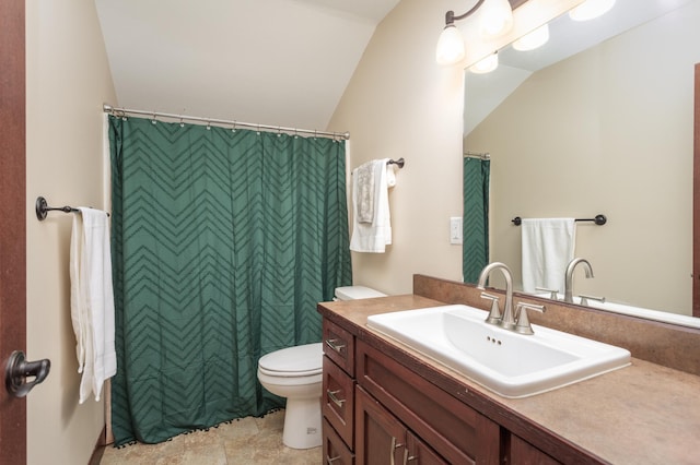 24539 Twilight Ln, Pelican Rapids, MN 56572 - full bath featuring toilet, lofted ceiling, vanity, a shower with shower curtain, and stone finish floors