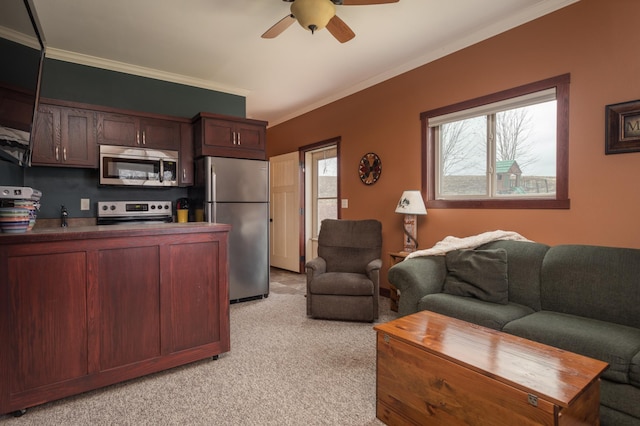 24539 Twilight Ln, Pelican Rapids, MN 56572 - living room featuring a ceiling fan, crown molding, and light carpet