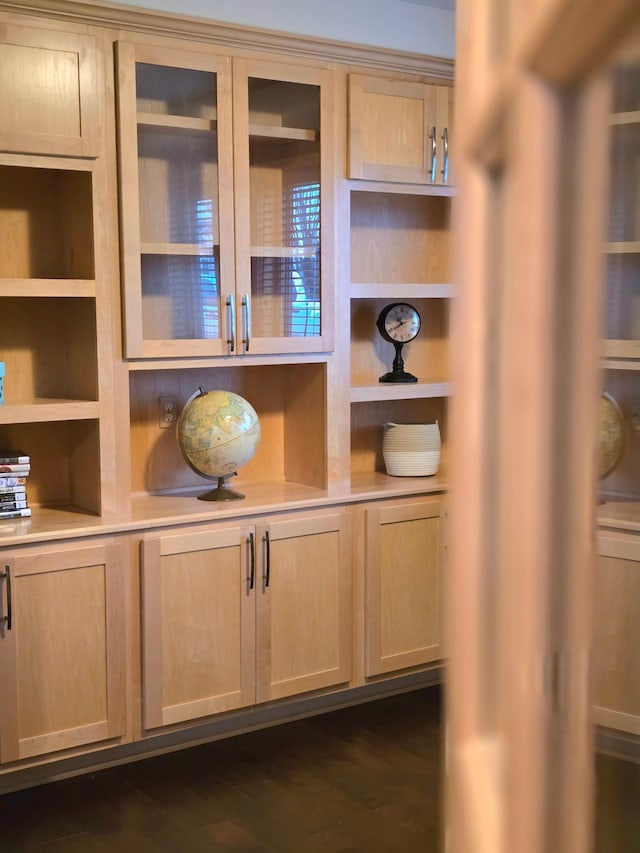 details with hardwood / wood-style flooring and built in shelves