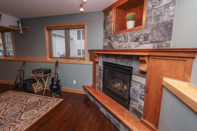 living room featuring a fireplace and dark wood-type flooring