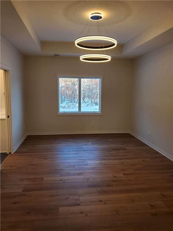 empty room with a raised ceiling and dark wood-type flooring