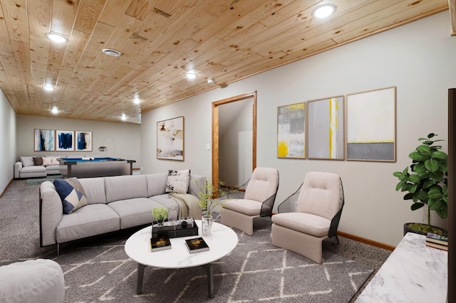 living room featuring billiards and wooden ceiling