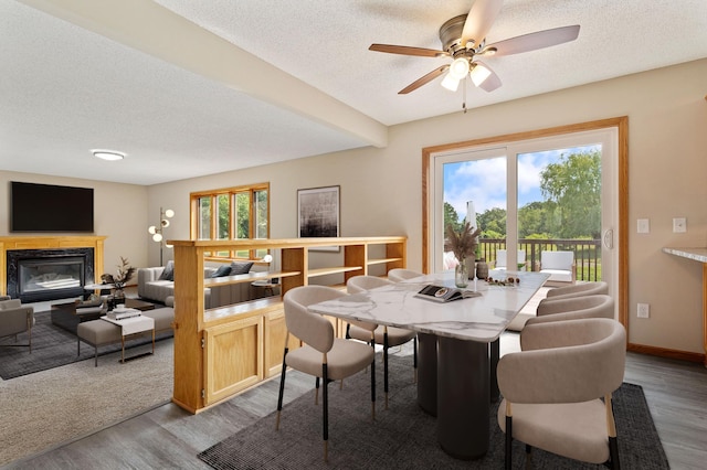 dining space featuring a high end fireplace, a textured ceiling, ceiling fan, and light hardwood / wood-style floors