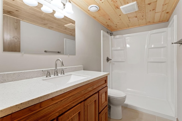 bathroom featuring wooden ceiling, toilet, walk in shower, tile patterned floors, and vanity