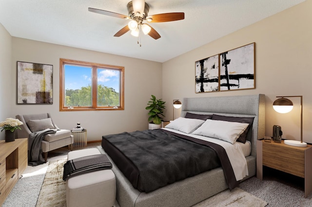 bedroom featuring light carpet and ceiling fan