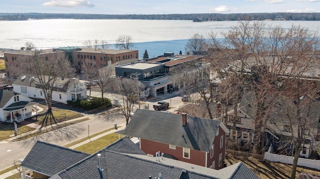 bird's eye view with a water view