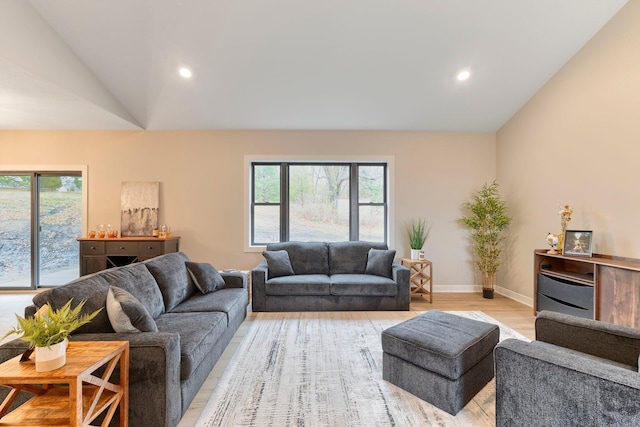 living area featuring light wood finished floors, a healthy amount of sunlight, and vaulted ceiling