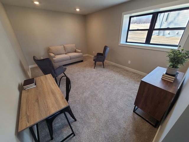 carpeted office featuring recessed lighting and baseboards