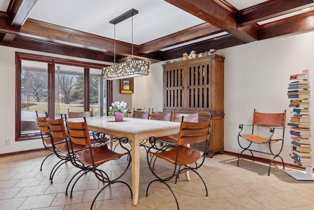 dining room featuring baseboards and beam ceiling